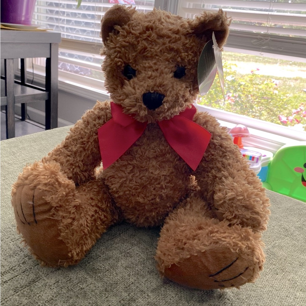 Classic Brown Teddy Bear Plush with Red Bow